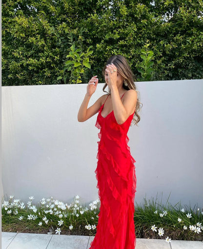 Spaghetti Strap V Neck Cascading Ruffle Slip Maxi Dress