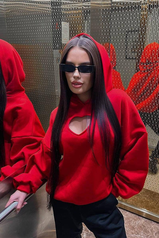 Solid Long Sleeve Heart Cutout Hoodie
