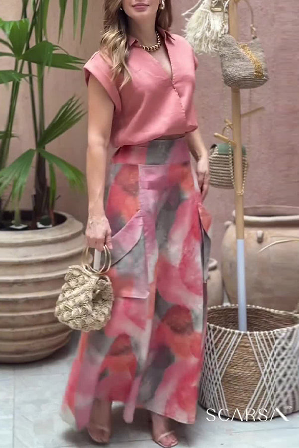 Laylin Wide Sleeve Shirt and Watercolor Print High Waist Drape Pocket Maxi Skirt Set