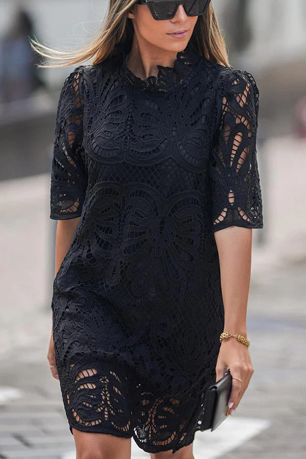 Guipure Lace Hollow-Out Mock Neck Scalloped Hem Shift Mini Dress