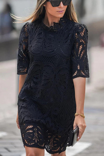 Guipure Lace Hollow-Out Mock Neck Scalloped Hem Shift Mini Dress