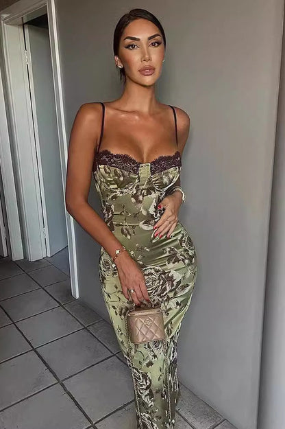 | Lace Color Block Printed Slit Maxi Dress