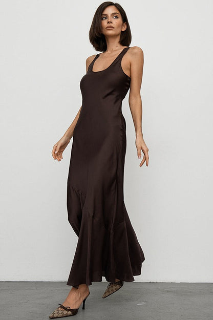 Scoop Neck Asymmetric Diagonal Seam Satin Slip Midi Dress