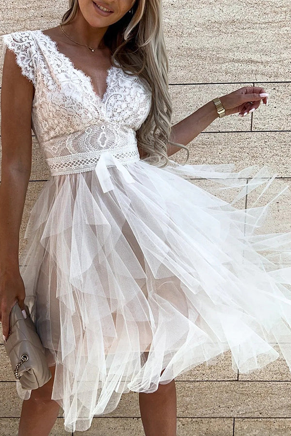 Lace V-Neck Flutter Cap Sleeve Bow Waist Tiered Tulle Ruffle Mini Dress