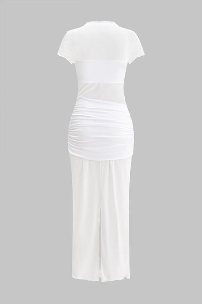Chiffon Ruched Patchwork Short Sleeve Slit Maxi Dress