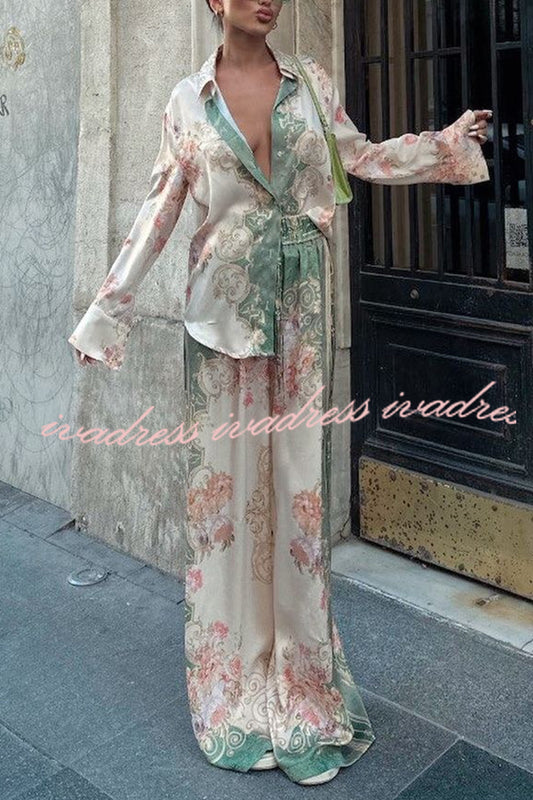 Antibes Satin Court Unique Printed Long Sleeve Loose Shirt and Elastic Waist Pants Set