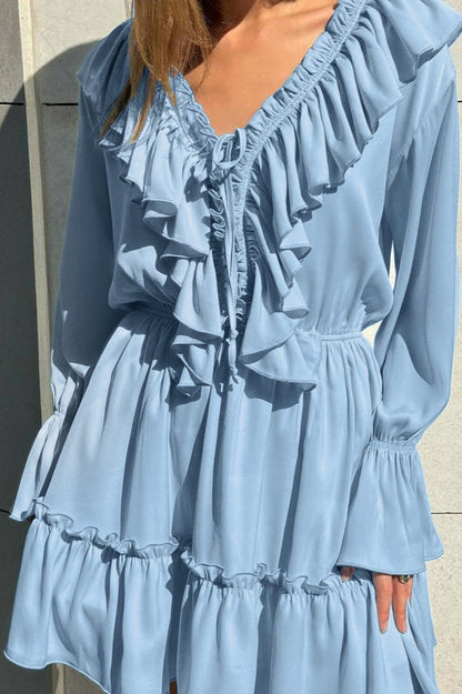 Ruffled Deep V-Neck Bell Sleeve Drawstring Waist Tiered Mini Dress