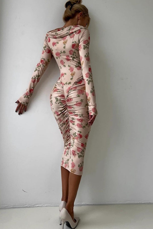 Cowl Neck Off Shoulder Long Sleeve Floral Print Ruched Bodycon Midi Dress