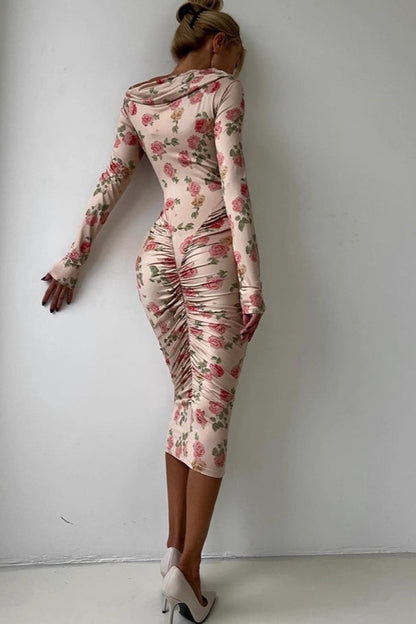 Cowl Neck Off Shoulder Long Sleeve Floral Print Ruched Bodycon Midi Dress