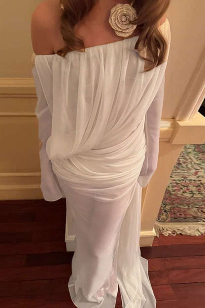 | Solid Mesh Sheer Off Shoulder Ruched Maxi Dress