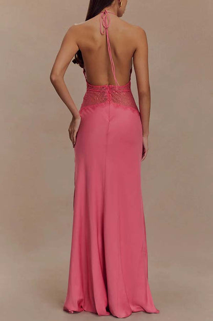 Seductive Details Satin Lace Waist Halter Tie-up Backless Maxi Dress