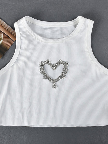 Heart Shaped Rhinestone Cutout Tank Top