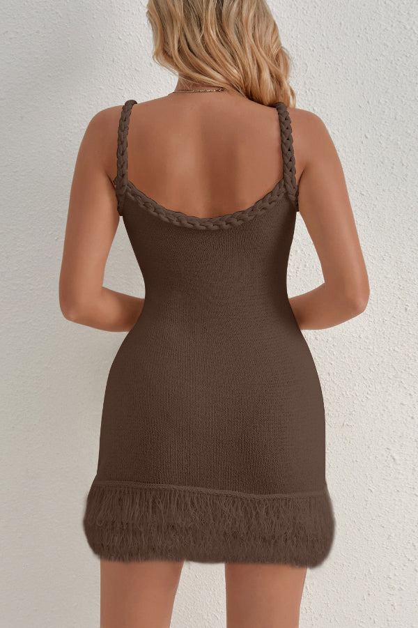 Solid Color Cable Camisole Slim Fit Tassel Knit Mini Dress
