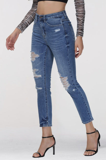 Blue Ripped High-Waisted Skinny Ankle Jeans
