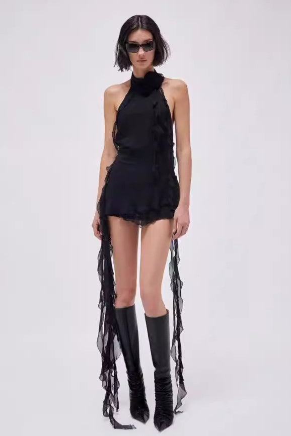 Halter Rosette Neck Ruffled Streamer Trim Mini Dress