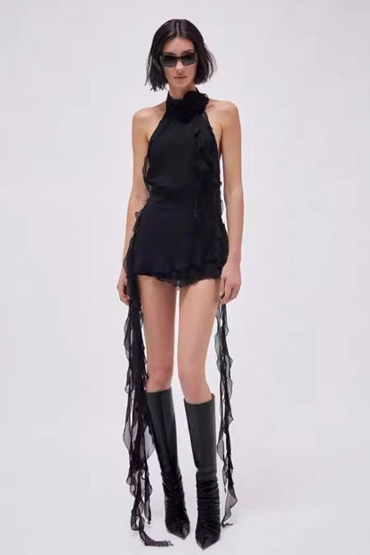 Halter Rosette Neck Ruffled Streamer Trim Mini Dress