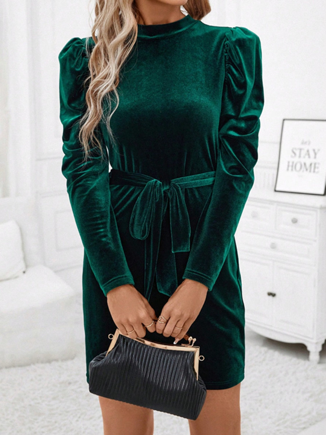 Velvet Mock Neck Puff Sleeve Tie-Waist Belted Mini Dress