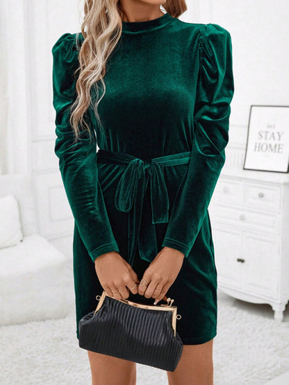 Velvet Mock Neck Puff Sleeve Tie-Waist Belted Mini Dress