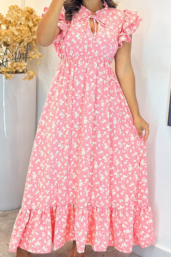 Floral Print V-neck Tie-up Ruffle Sleeve Casual Maxi Dress