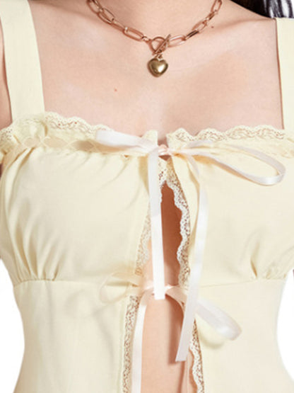 Lace Trim Slit Tie Front Tank Top
