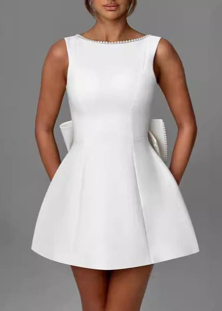 Pearl Trim Boat Neck Box Pleat Back Bow A-Line Mini Dress