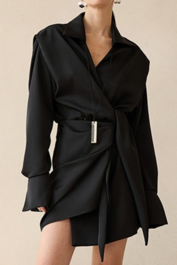 Collared Wrap Tie Waist Padded Shoulder Wide Cuff Satin Mini Dress