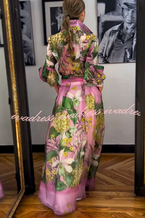 Seeds of Happiness Tulle Floral Print Elastic Waist Belt Pocketed Maxi Skirt