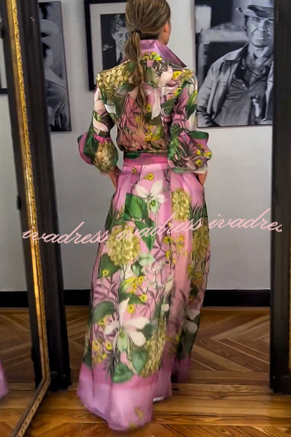 Seeds of Happiness Tulle Floral Print Elastic Waist Belt Pocketed Maxi Skirt