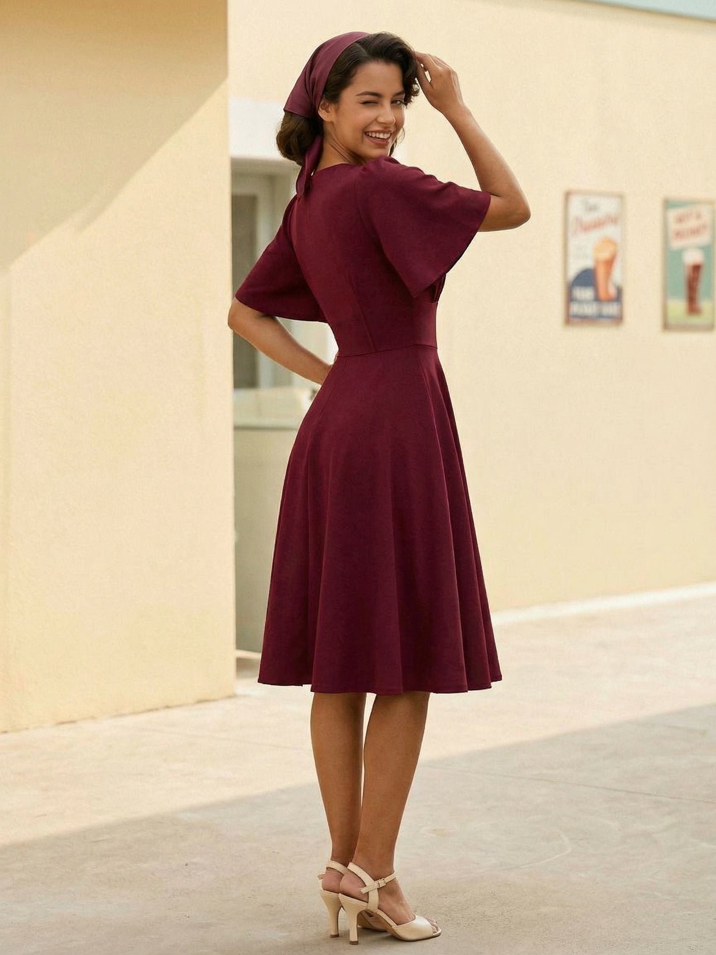 V Neck Ruched Front Button Decor Flutter Sleeve Retro Swing Dress For Women 2026