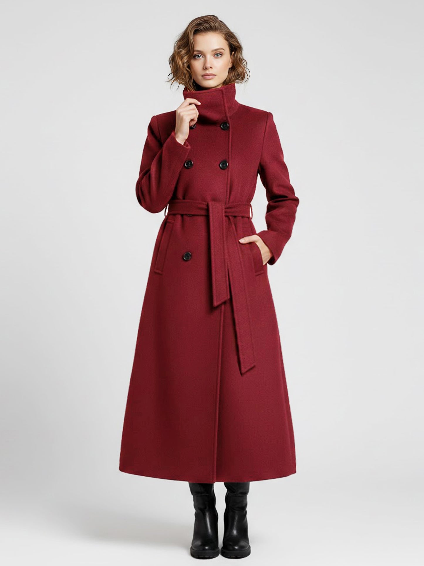 Belted Long Woolen coat with Double-breasted and high collar For Women 2026