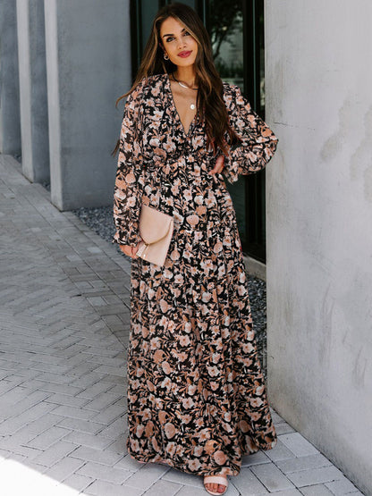 Floral Boho Maxi Dress For Women - High Waist Long Sleeve Ruffle V-Neck Gown - Spring Garden Wedding Guest 2026