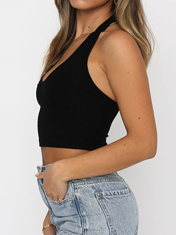Solid Backless V Neck Halter Vest