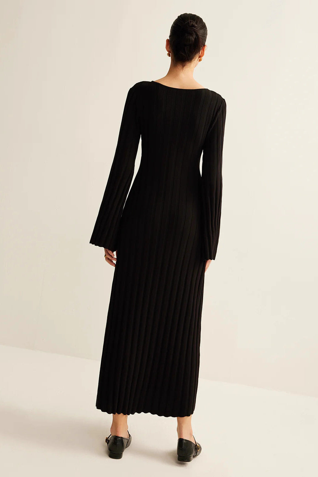 Crew Neck Button Front Keyhole Rib Knit Bell Sleeve Maxi Sweater Dress