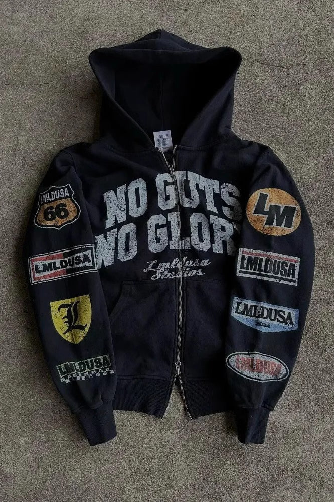 Vintage Print Zip Up Hoodie