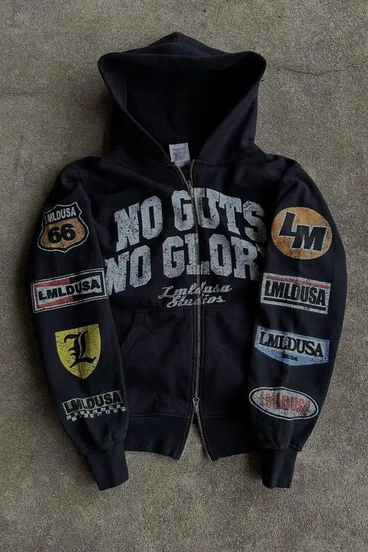 Vintage Print Zip Up Hoodie