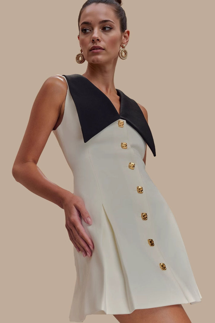 Oversized Pointed Collar Button Front Sleeveless A-Line Mini Dress