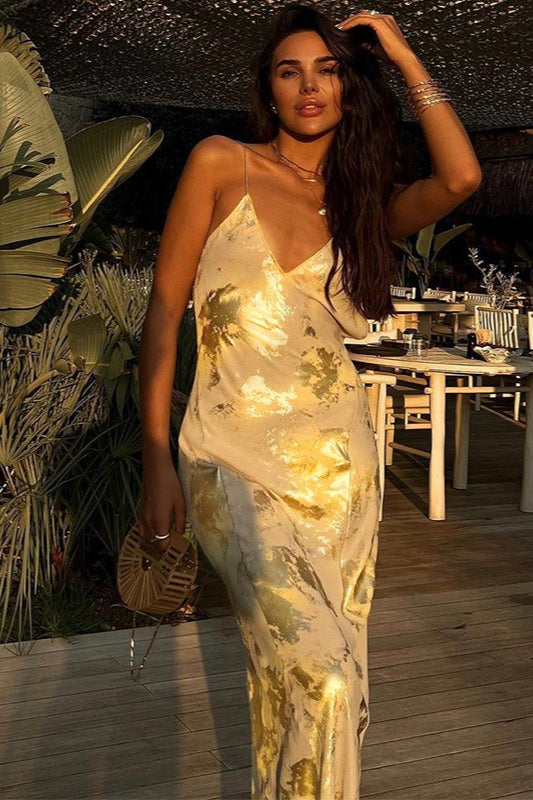 Sexy Backless Gold-Foil Cami Silk Dress