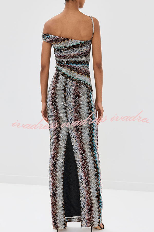 Cocktails and Vacation Knit Colorful Zigzag Pattern One Shoulder Slit Maxi Dress