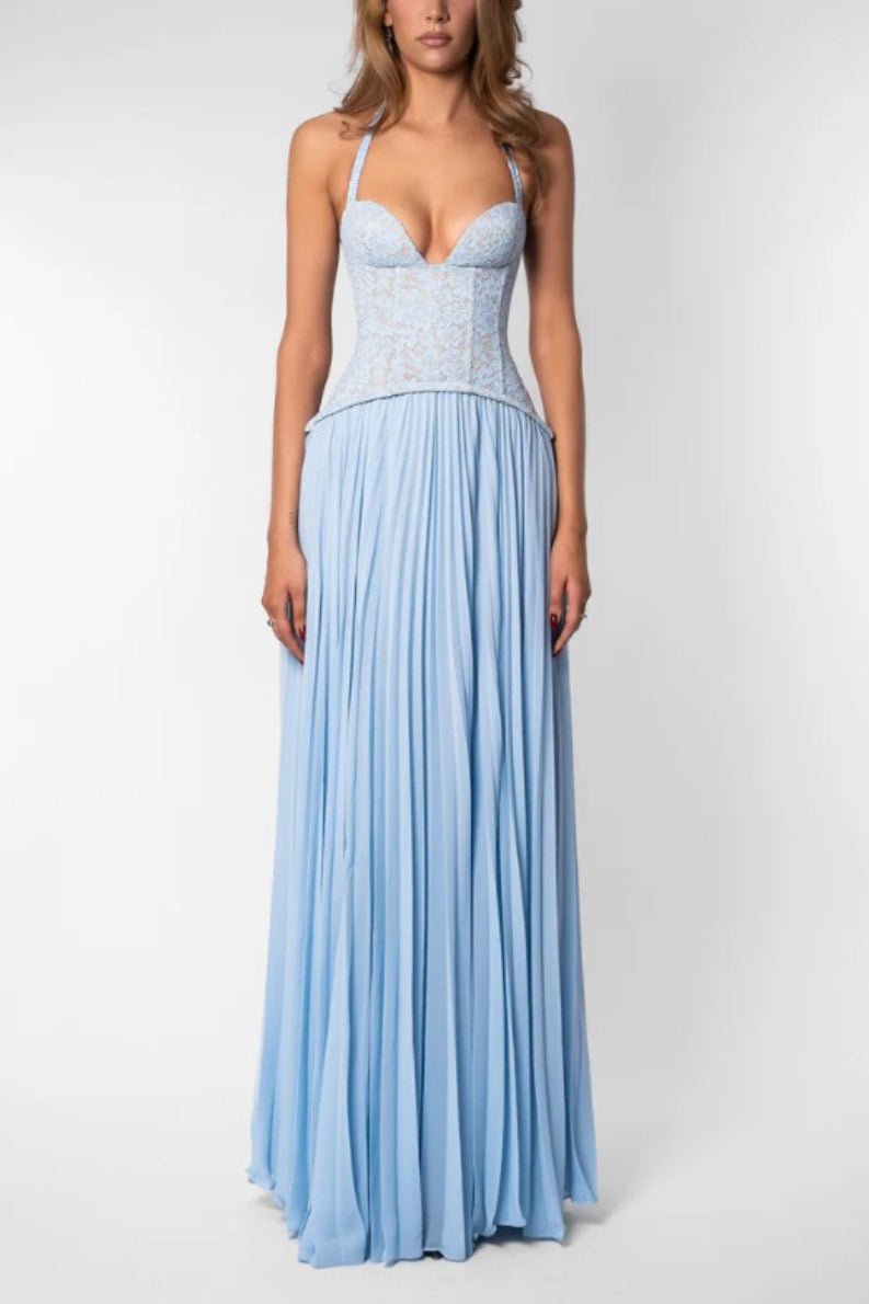 Lace Halter Plunging Sweetheart Accordion Pleat Chiffon Maxi Gown