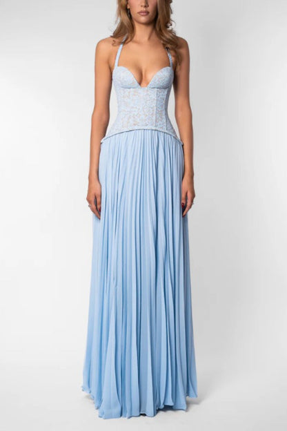 Lace Halter Plunging Sweetheart Accordion Pleat Chiffon Maxi Gown