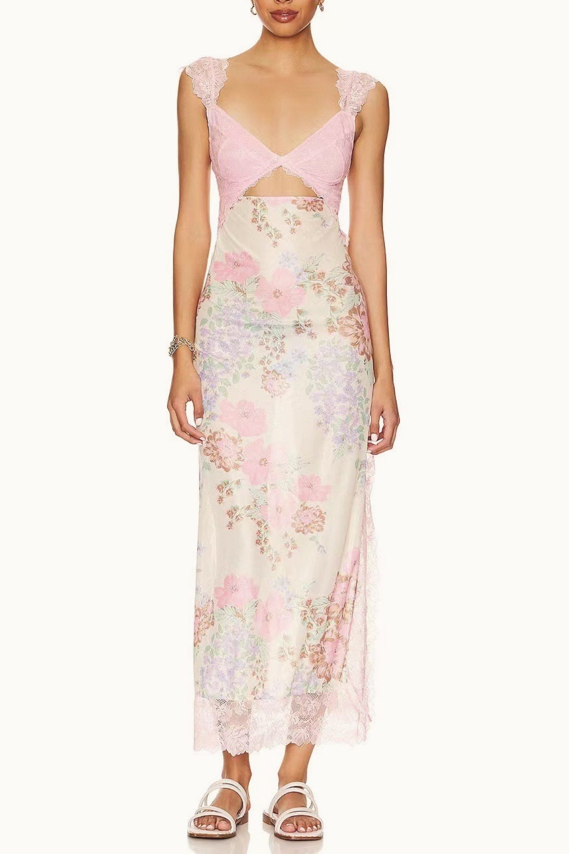 Lace Sweetheart Bodice Cut Out Flutter Sleeve Floral Print Slip Maxi Dress