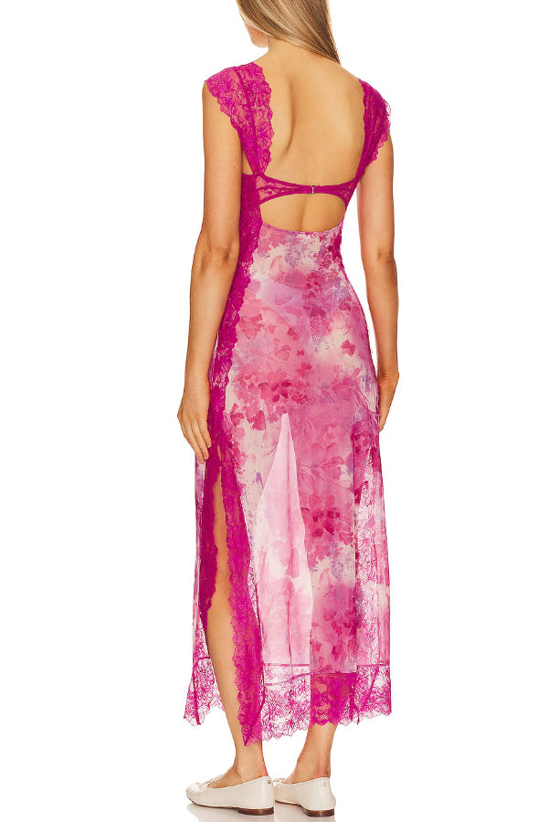 Floral Print Lace Patchwork Hollow-out Slim-fit Midi Dress