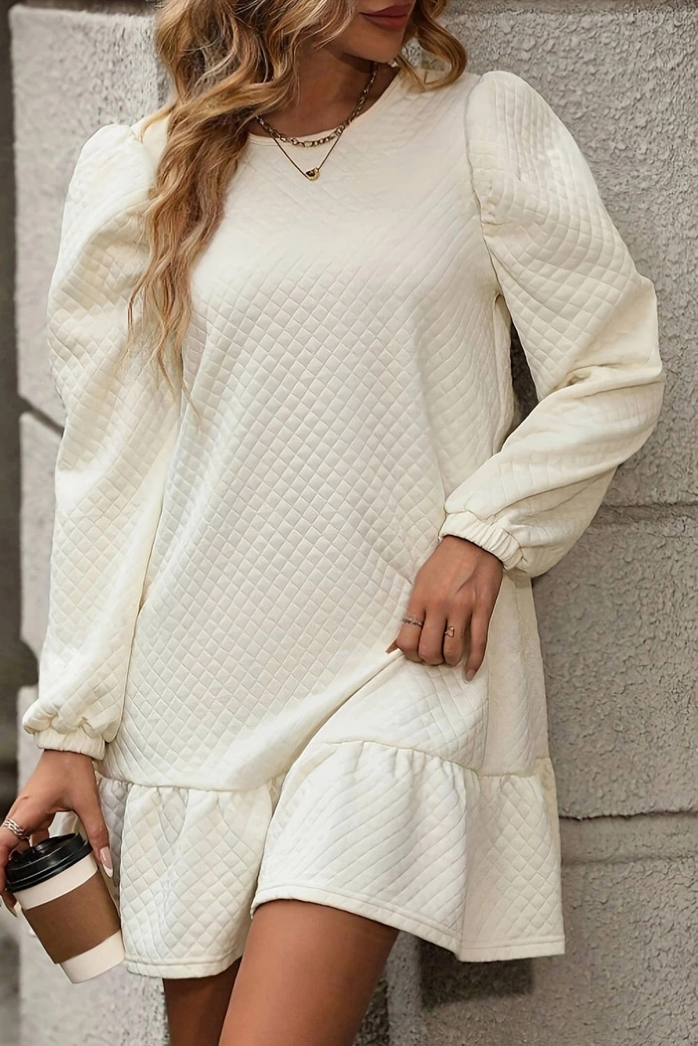 Quilted Puff Sleeve Round Neck Ruffle Hem Mini Dress