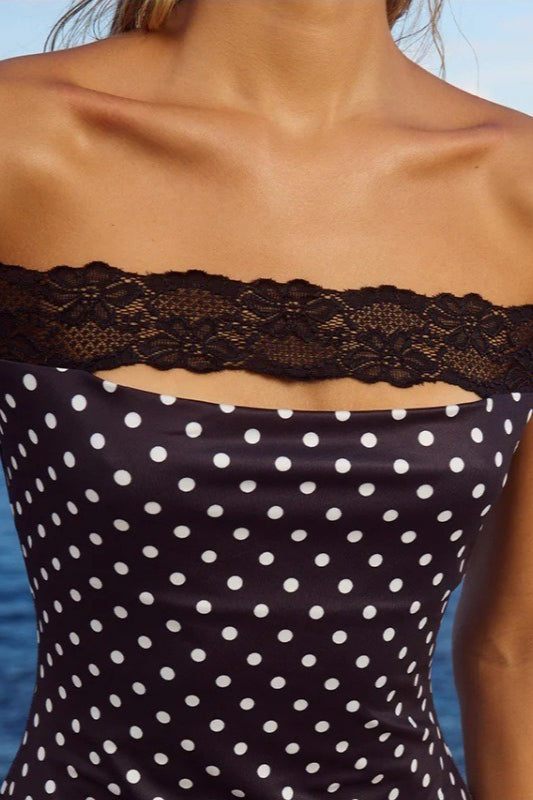 Polka Dot Off-the-Shoulder Lace Trim Bodycon Mini Dress
