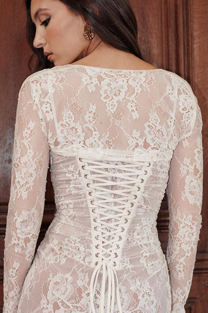 Square Neck Long Sleeve Ruched Bodice Floral Lace Mermaid Maxi Gown