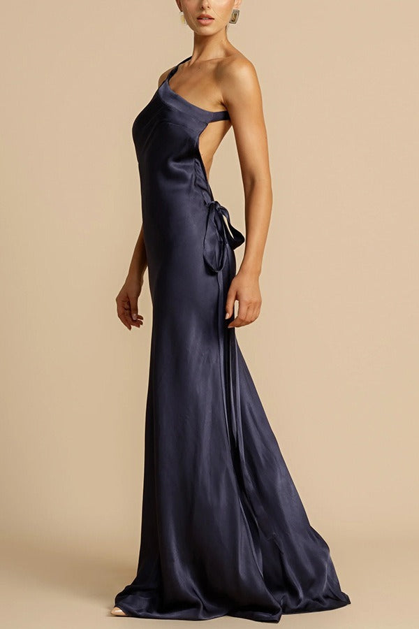 One-Shoulder Knotted Strap Side-Tie Satin Column Maxi Gown