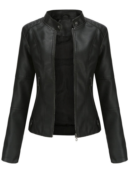 Street Cool Thin Stand Collar Zipper Leather Jacket