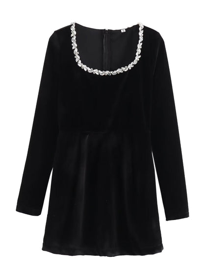 Square Collar Long Sleeve Diamond Velvet Mini&Short Dresses