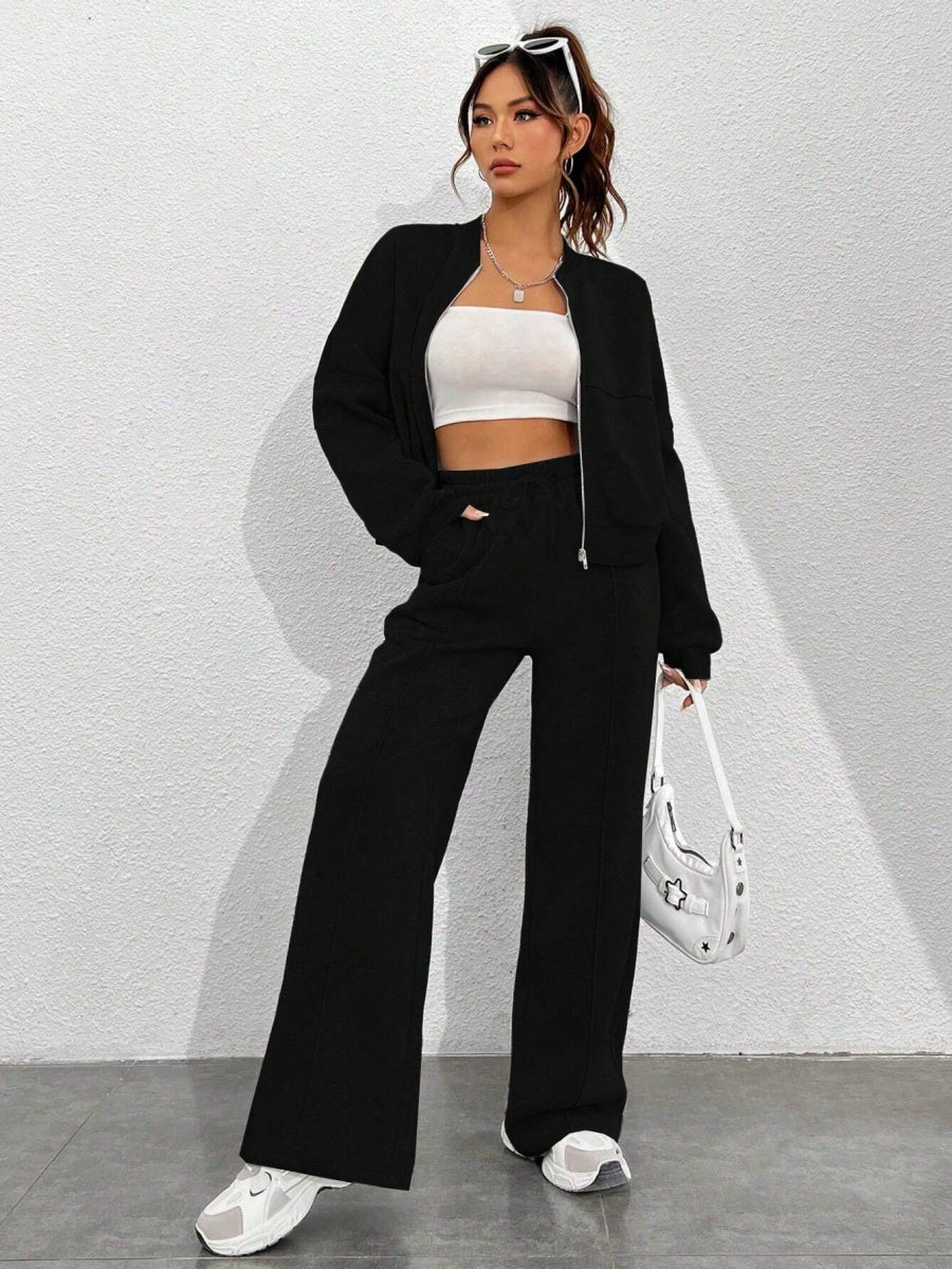 Sports And Leisure Solid Color Crew Neck Zipper 2-piece Sets