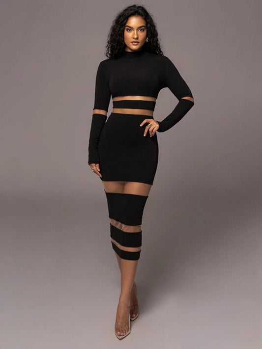 Mesh Splicing High Collar High Waist Slim Sexy Long Dress